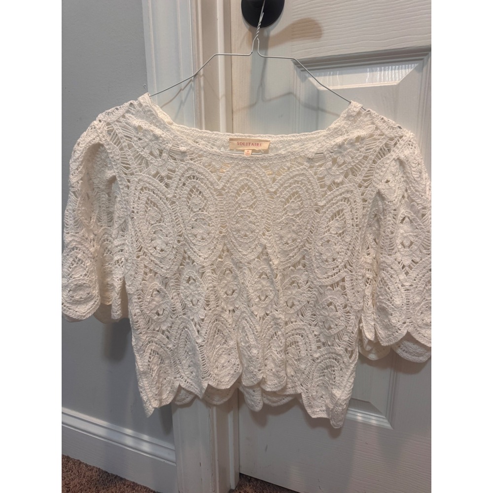 Solitaire White Crochet Lace Crop Top Short Sleeve Boho Size Small